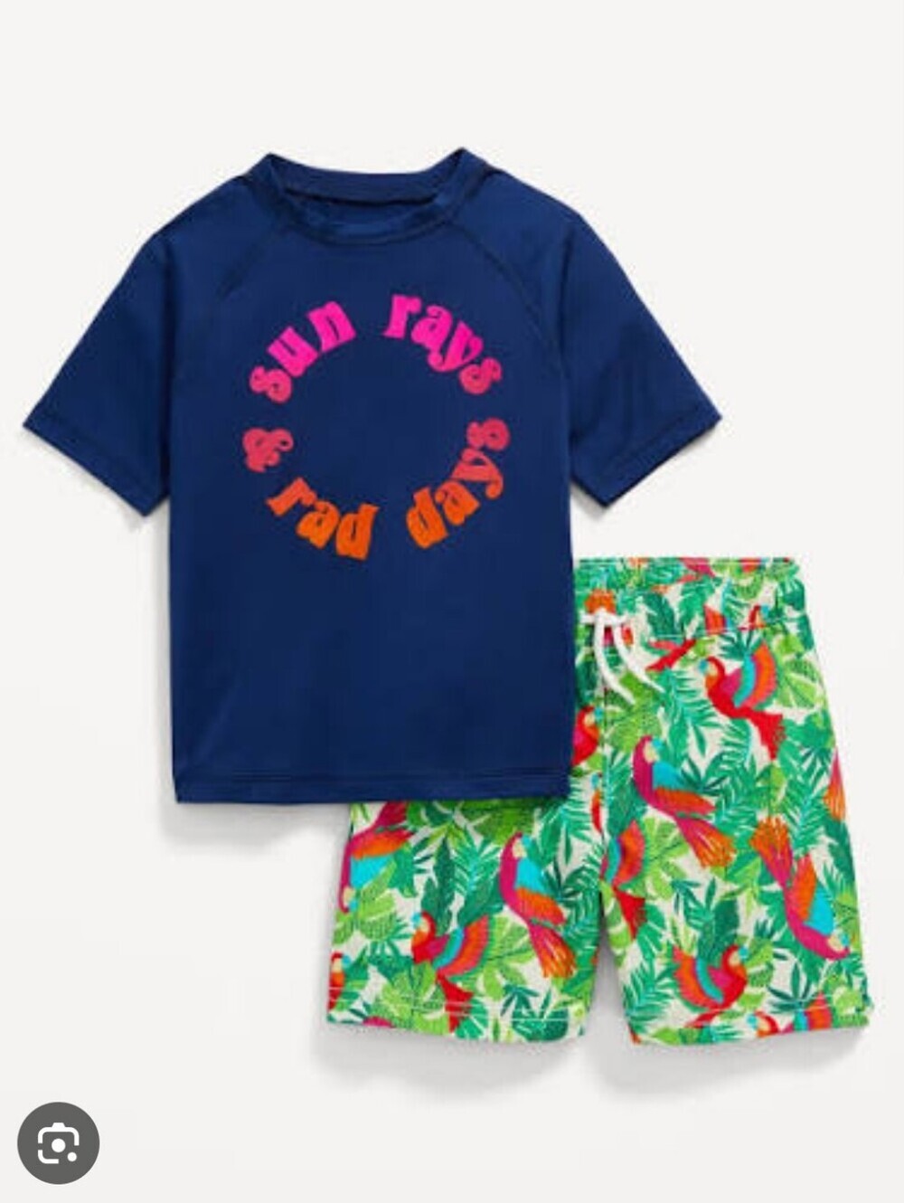 NWT Old Navy Boys Navy Rash Guard & Tropical Green Parrot Swim Trunks sz 12/18 M